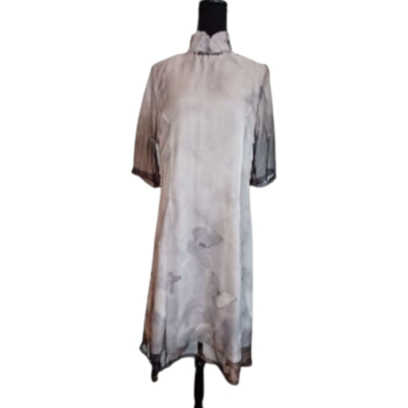 Sheer Lavender Gray Mandarin collar A-line dress with Butterfly print, size M - Picture 1 of 7